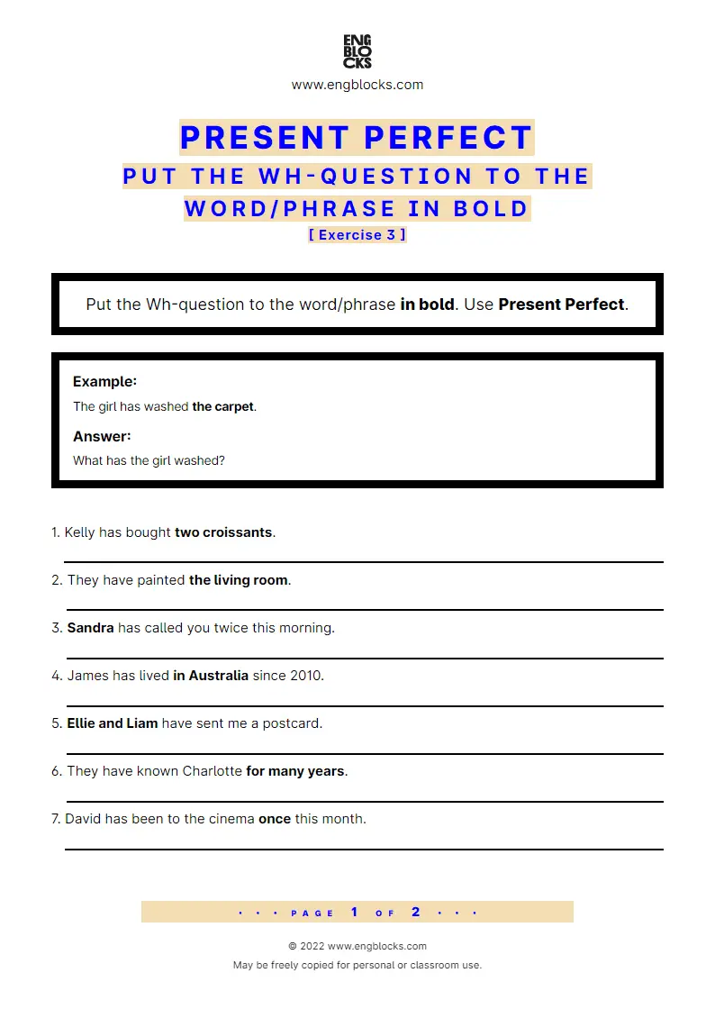 Grammar Worksheet: Present Perfect — Put the Wh-question to the word/‌phrase in bold — Exercise 3