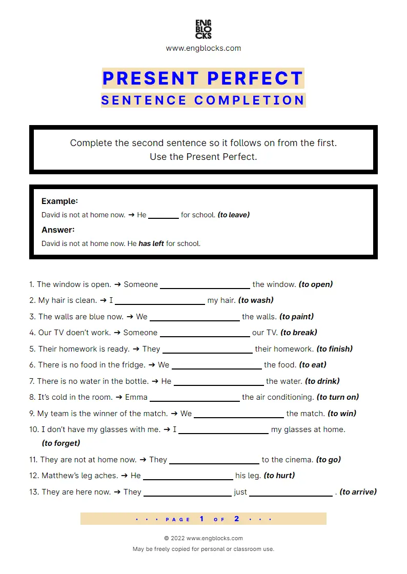 Grammar Worksheet: Present Perfect — Sentence completion