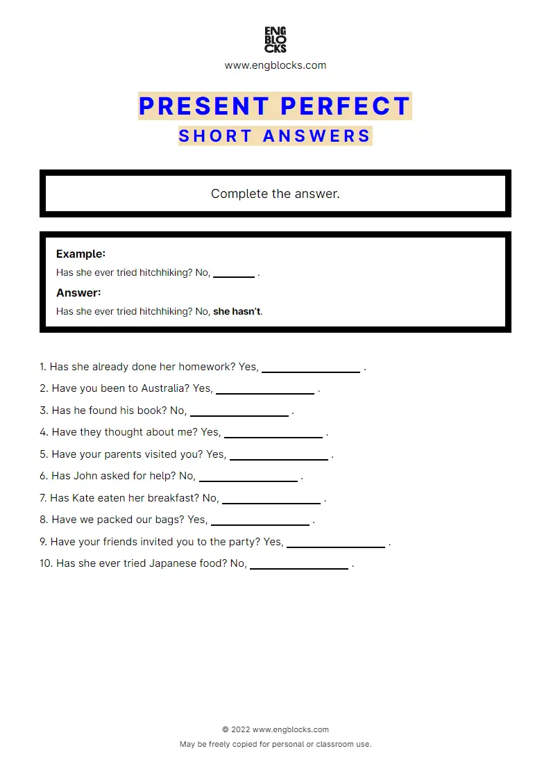 Grammar Worksheet: Present Perfect — Short answer