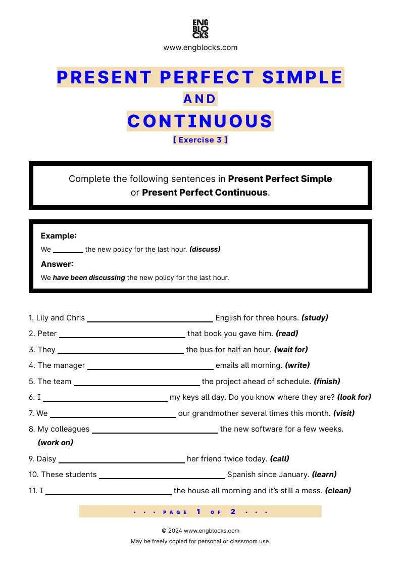 Grammar Worksheet: Present Perfect Simple and Continuous — Exercise 3