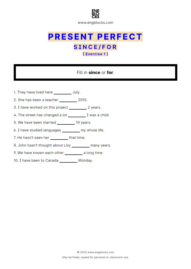 Grammar Worksheet: Present Perfect — since/‌for