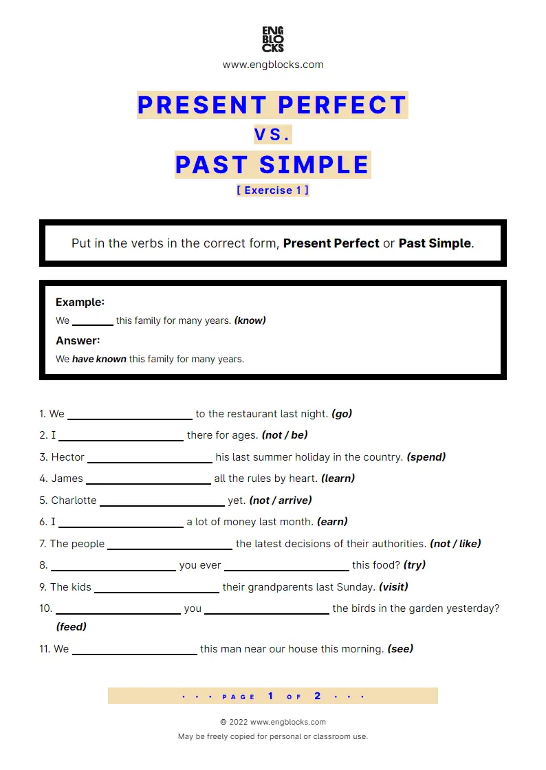 Grammar Worksheet: Present Perfect vs. Past Simple — Exercise 1