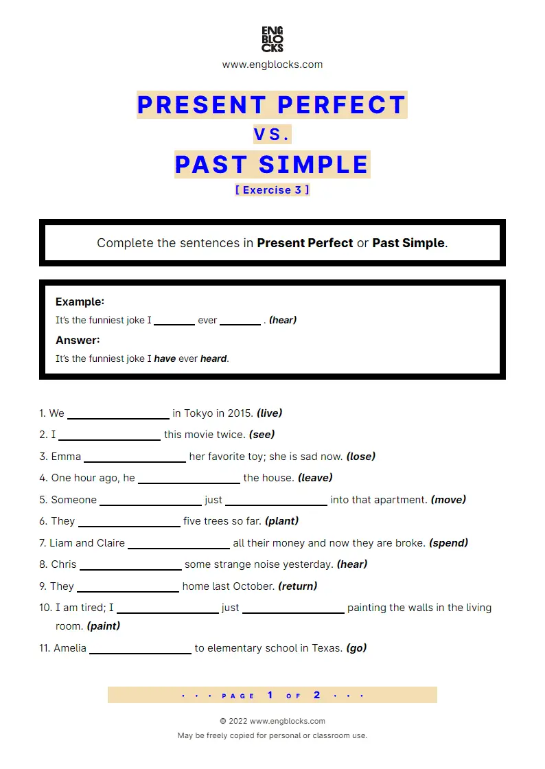Grammar Worksheet: Present Perfect vs. Past Simple — Exercise 3