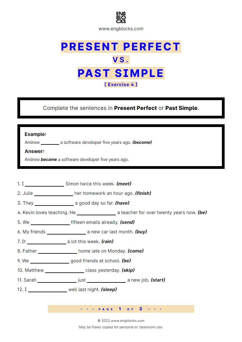 Grammar Worksheet: Present Perfect vs. Past Simple — Exercise 4
