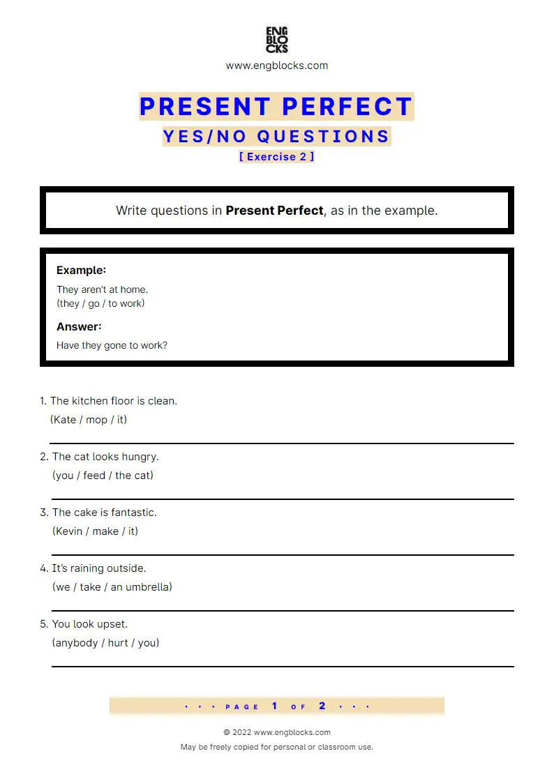 Grammar Worksheet: Present Perfect — Yes/‌No question — Exercise 2