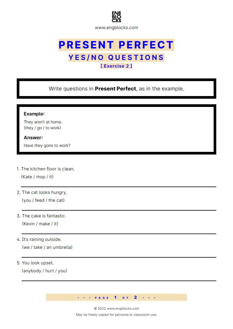 Grammar Worksheet: Present Perfect — Yes/‌No question — Exercise 2