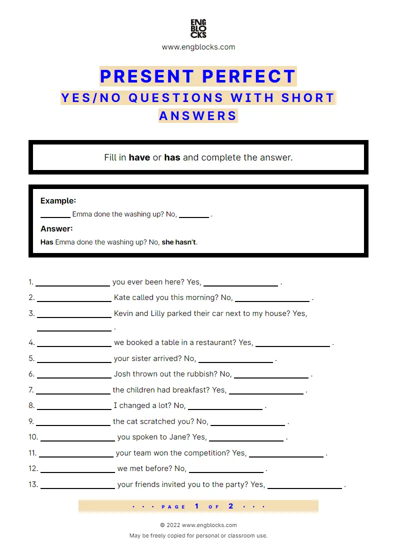 Present Perfect - Yes/‌No questions with short answers - Worksheet ...