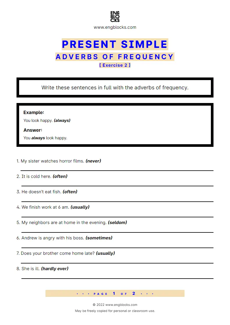 Grammar Worksheet: Present Simple — Adverbs of frequency — Exercise 2