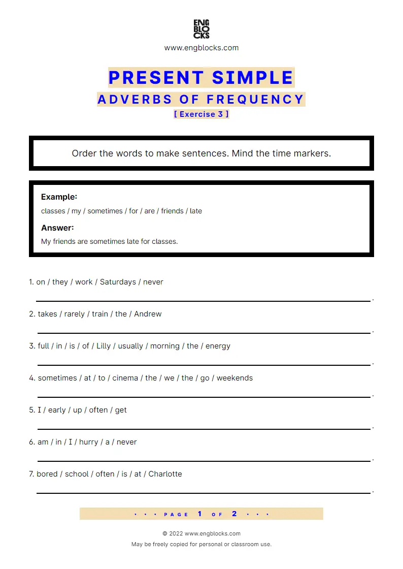 Grammar Worksheet: Present Simple — Adverbs of frequency — Exercise 3