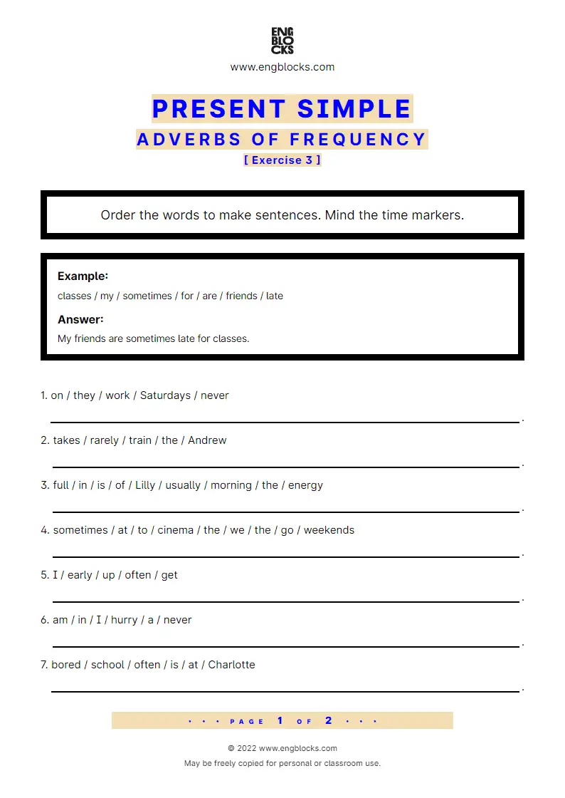 Grammar Worksheet: Present Simple — Adverbs of frequency — Exercise 3