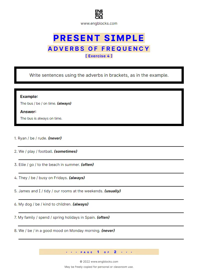 Grammar Worksheet: Present Simple — Adverbs of frequency — Exercise 4