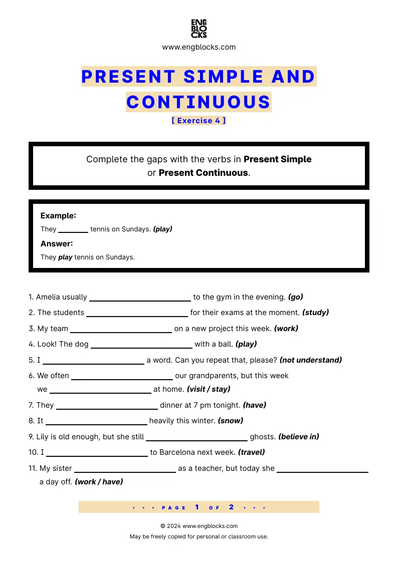 Grammar Worksheet: Present Simple and Continuous — Exercise 4