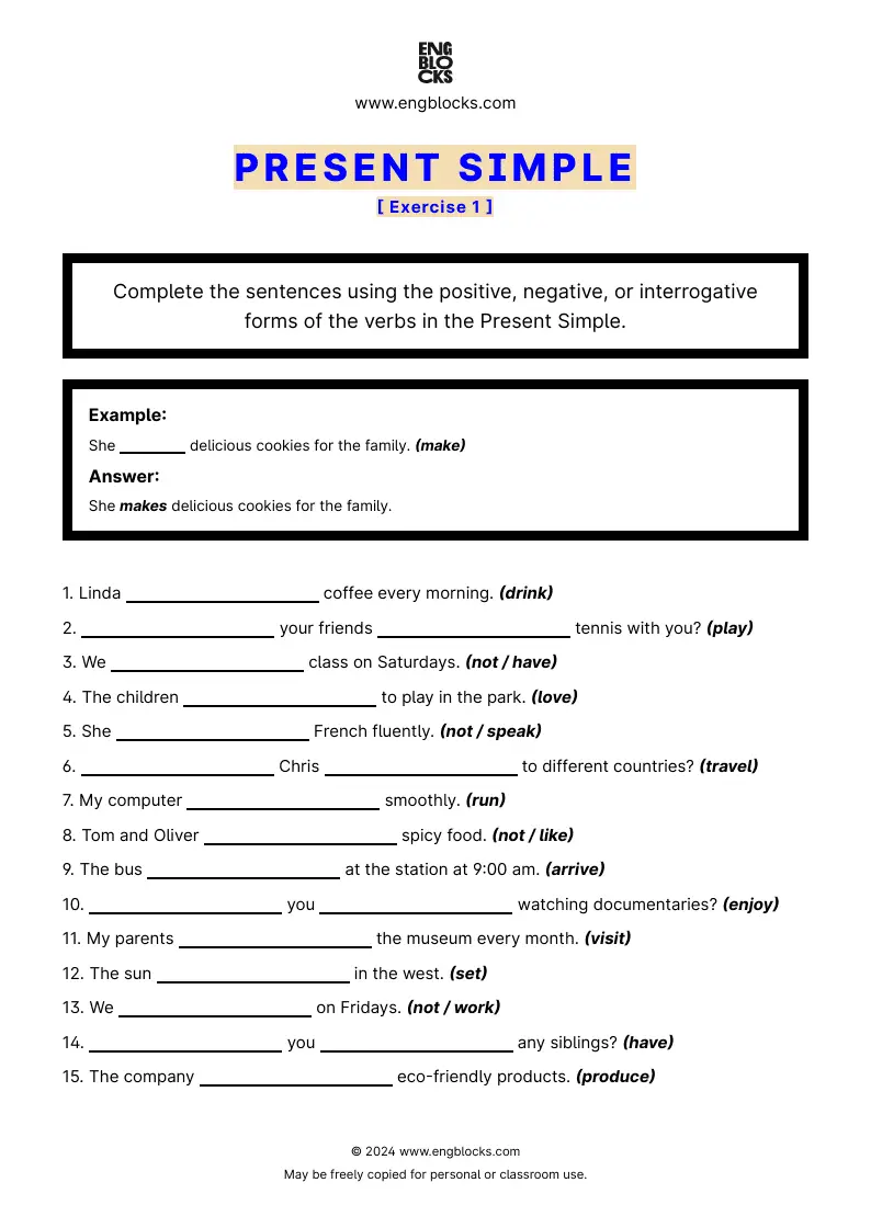 Grammar Worksheet: Present Simple — Exercise 1