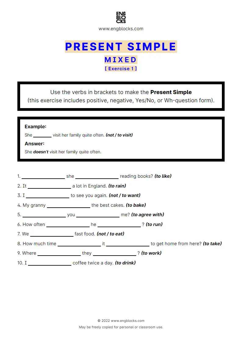 Grammar Worksheet: Present Simple — Mixed — Exercise 1