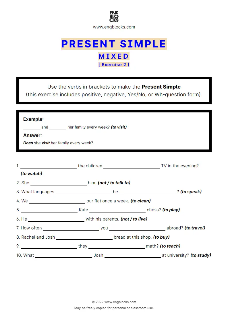 Grammar Worksheet: Present Simple — Mixed — Exercise 2