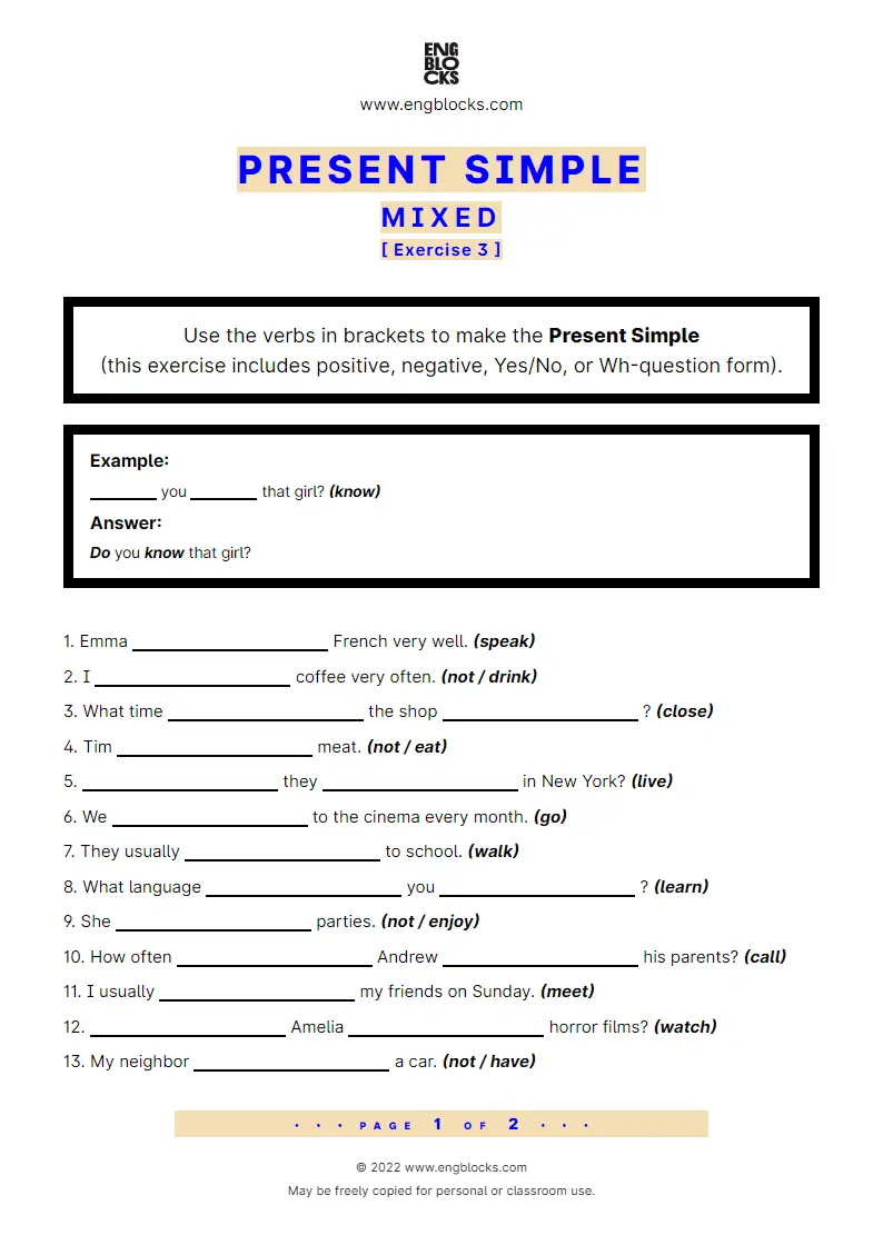 Grammar Worksheet: Present Simple — Mixed — Exercise 3