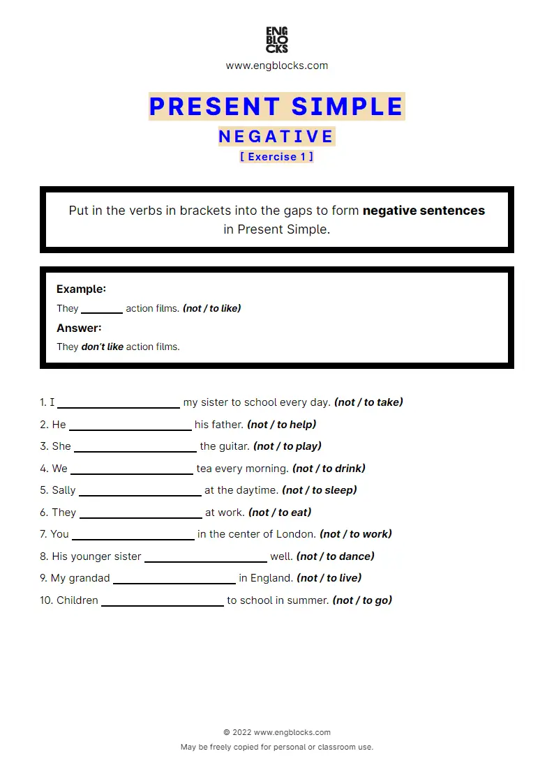 Grammar Worksheet: Present Simple — Negative — Exercise 1