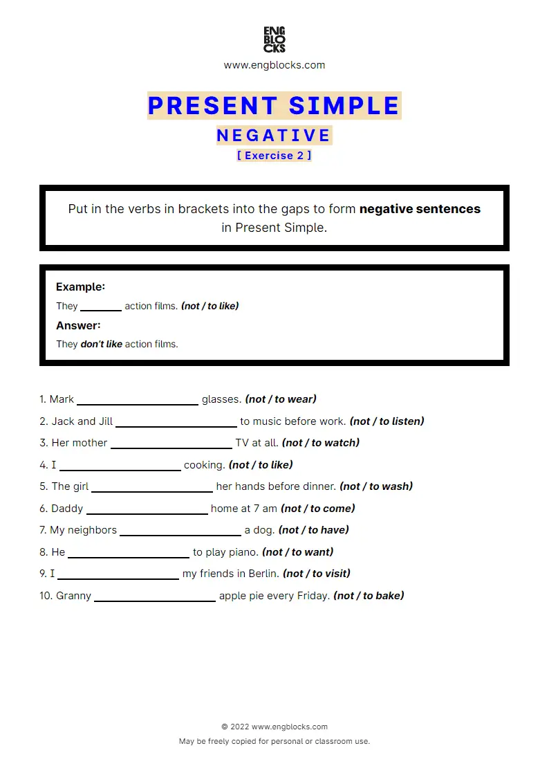 Grammar Worksheet: Present Simple — Negative — Exercise 2