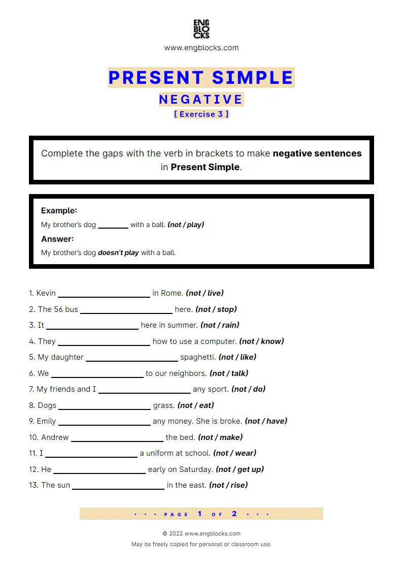 Grammar Worksheet: Present Simple — Negative — Exercise 3