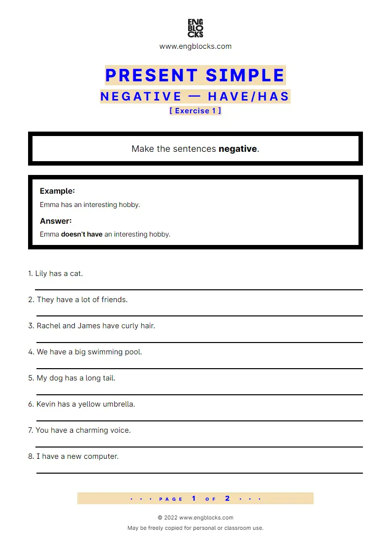 Grammar Worksheet: Present Simple — Negative — have/‌has — Exercise 1