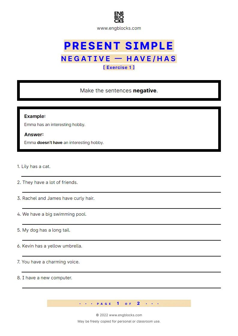 Grammar Worksheet: Present Simple — Negative — have/‌has — Exercise 1