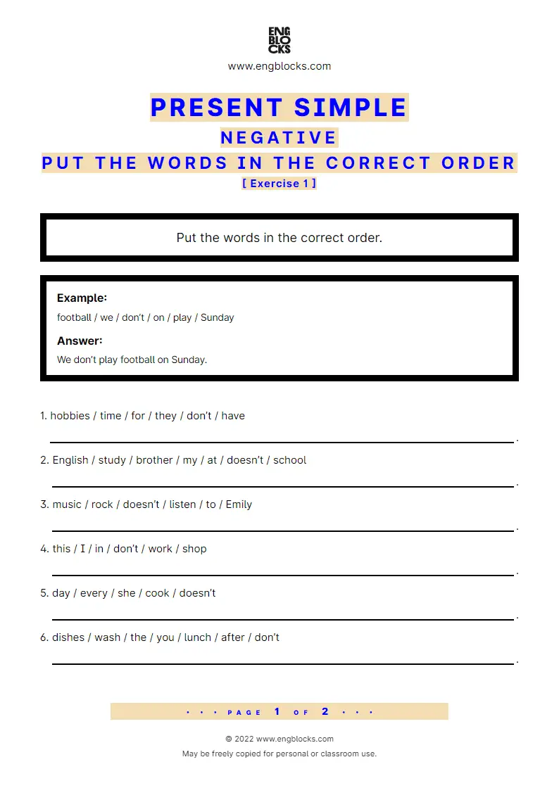 Grammar Worksheet: Present Simple — Negative — Put the words in the correct order — Exercise 1