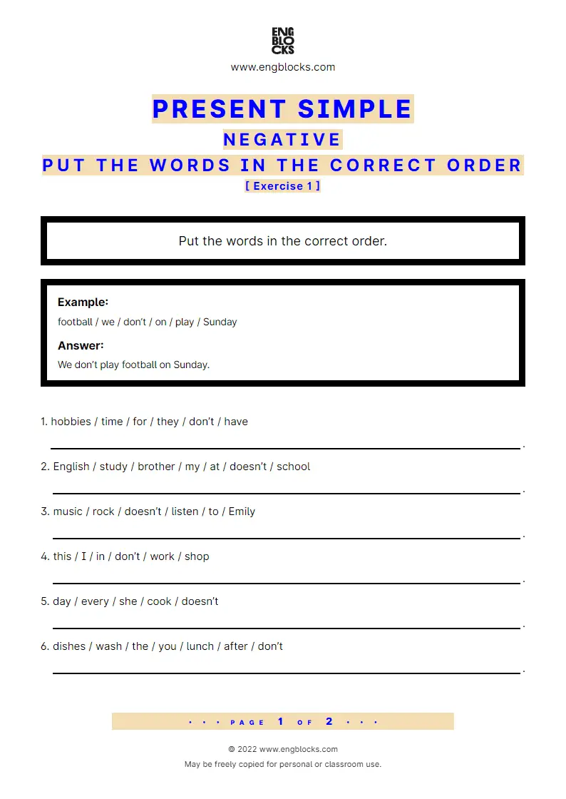 Grammar Worksheet: Present Simple — Negative — Put the words in the correct order — Exercise 1