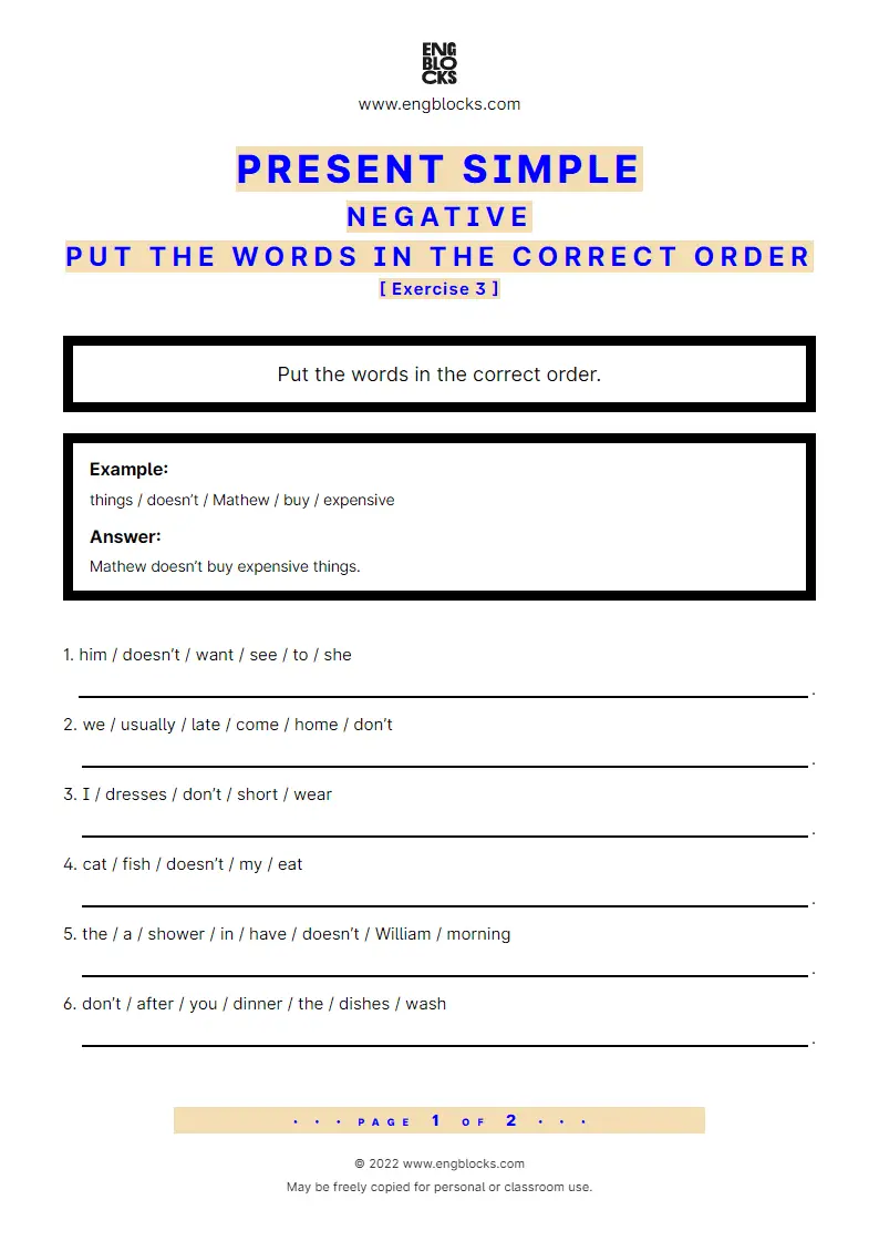 Grammar Worksheet: Present Simple — Negative — Put the words in the correct order — Exercise 3