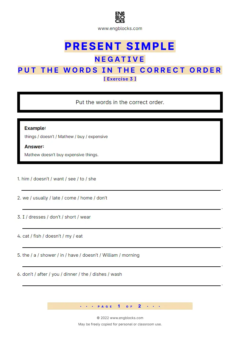 Grammar Worksheet: Present Simple — Negative — Put the words in the correct order — Exercise 3