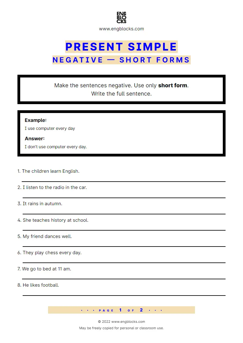 Grammar Worksheet: Present Simple — Negative — Short forms