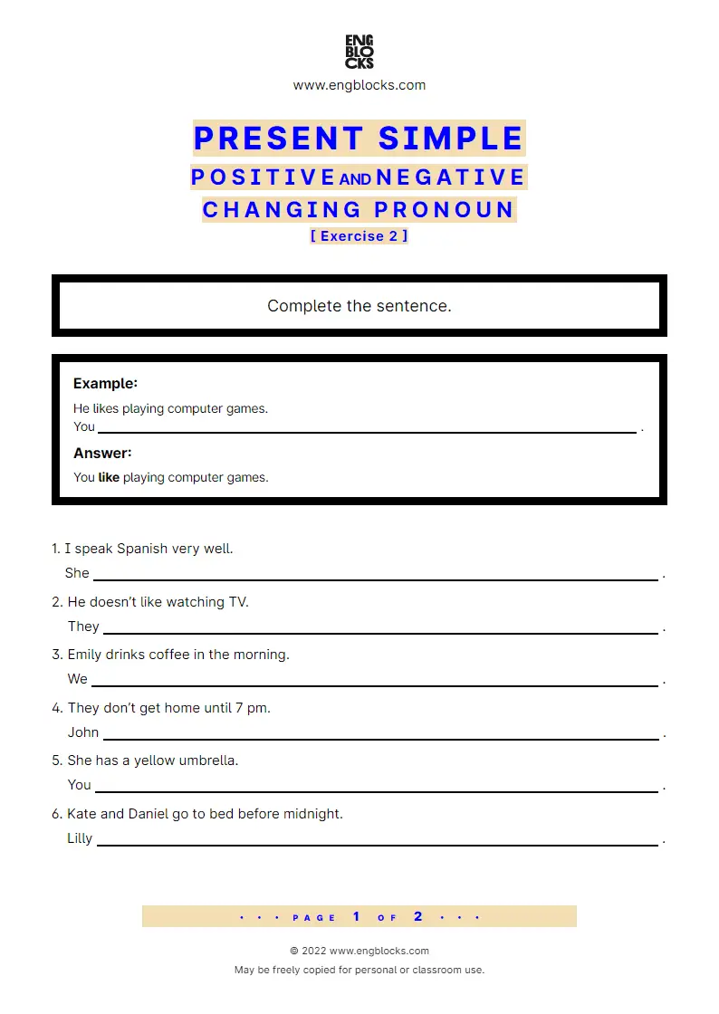 Grammar Worksheet: Present Simple — Positive and Negative — Changing pronoun — Exercise 2