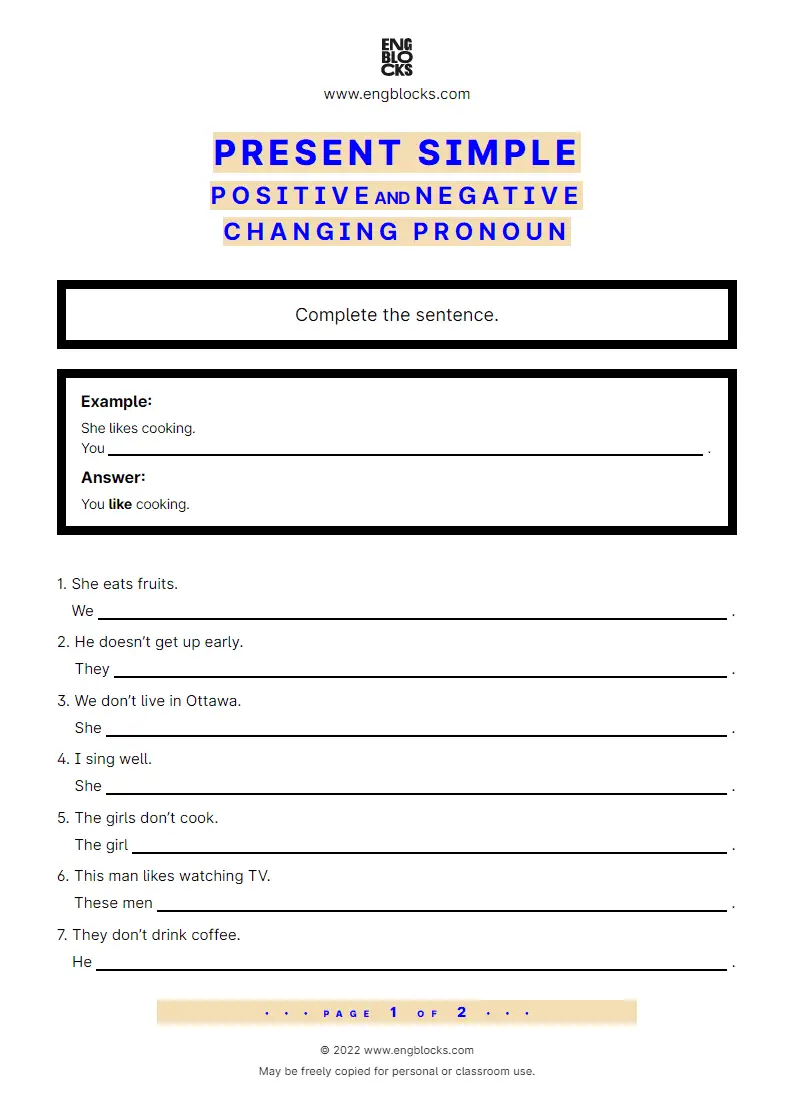 Grammar Worksheet: Present Simple — Positive and Negative — Changing pronoun