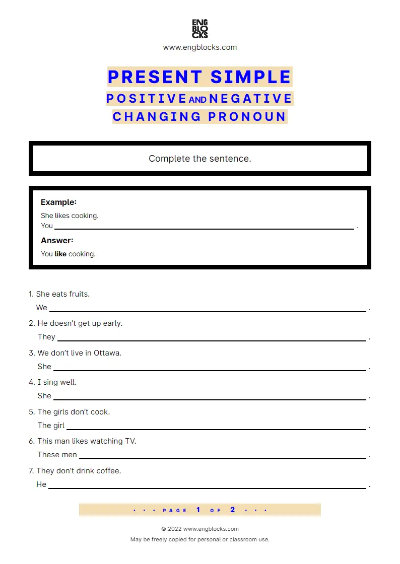 Present Simple Positive And Negative Changing Pronoun Worksheet Sexiz Pix