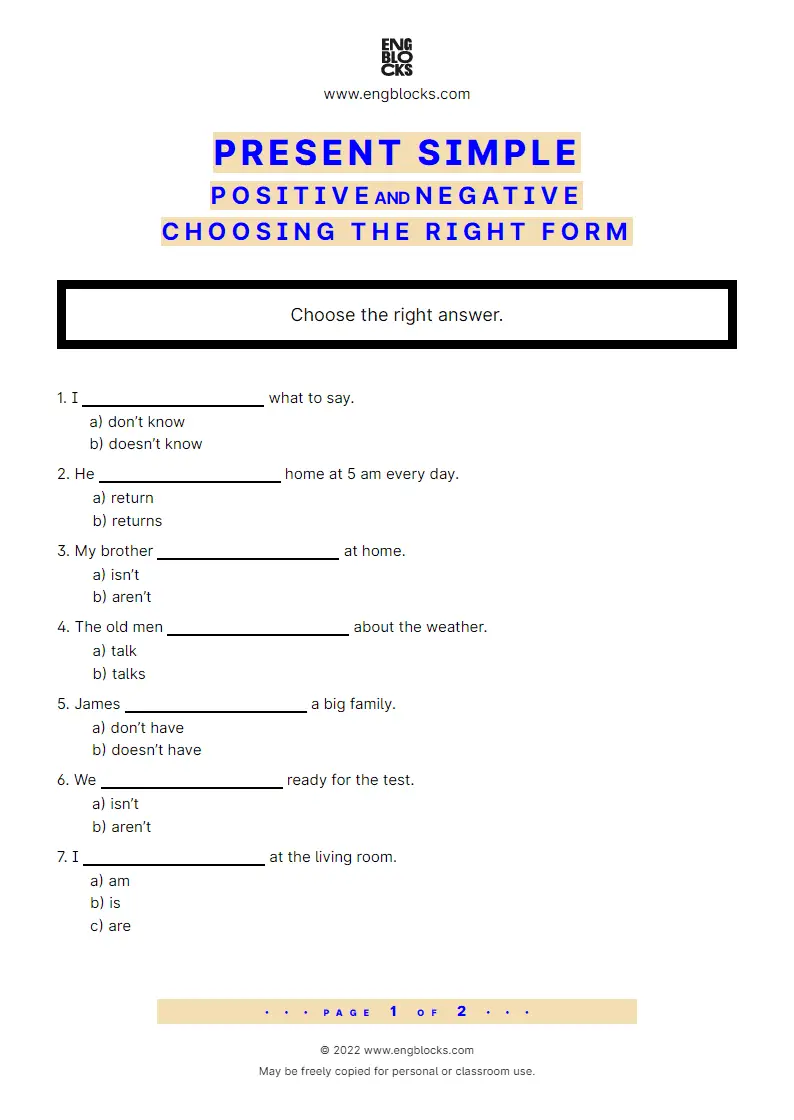Grammar Worksheet: Present Simple — Positive and Negative — Choosing the right form