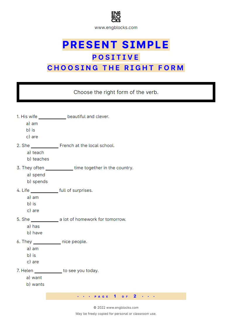 Grammar Worksheet: Present Simple — Positive — Choosing the right form