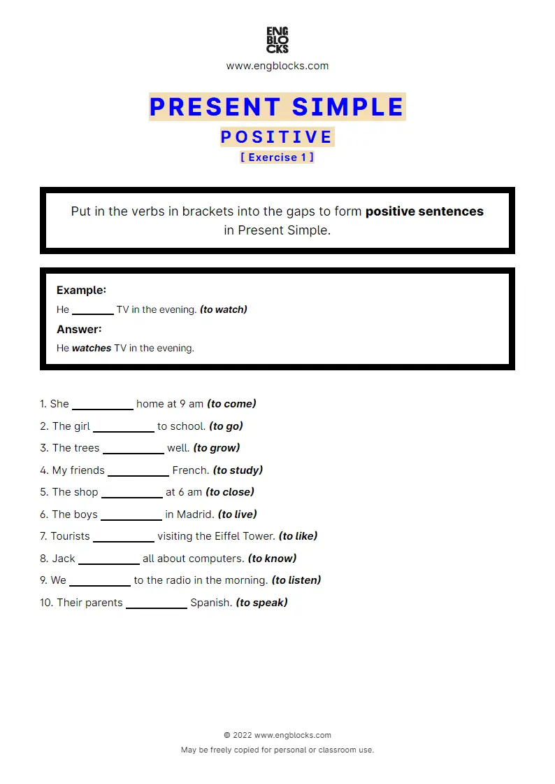 Grammar Worksheet: Present Simple — Positive — Exercise 1