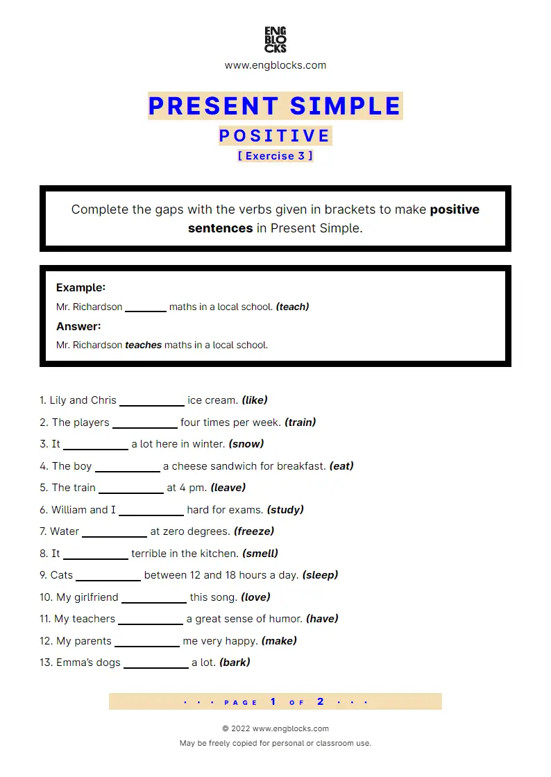 Grammar Worksheet: Present Simple — Positive — Exercise 3