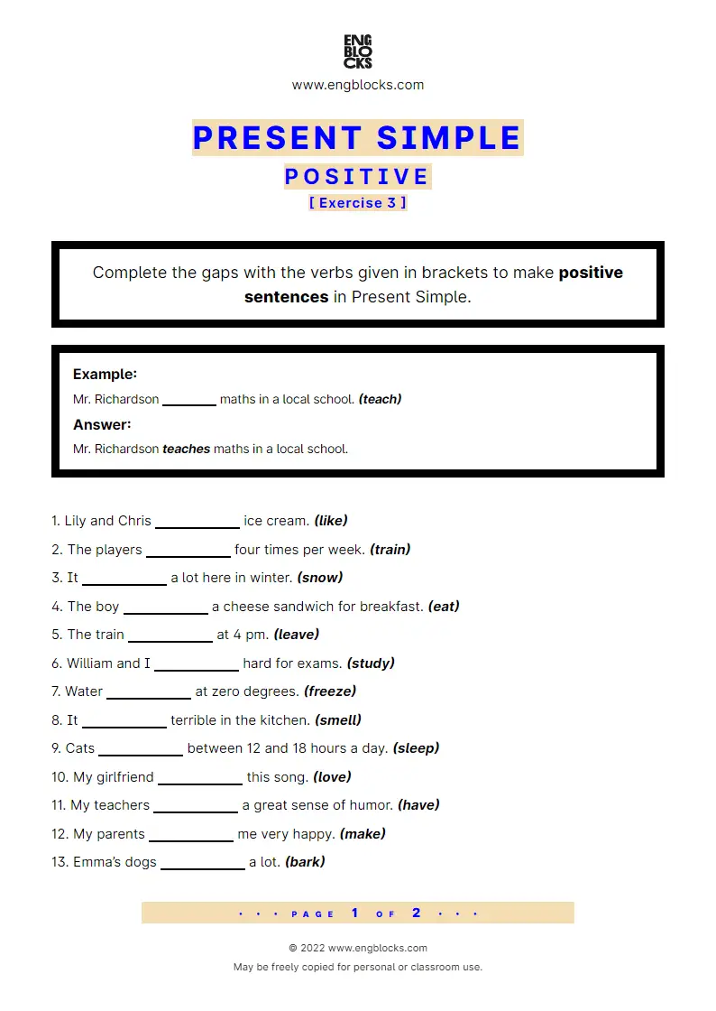 Grammar Worksheet: Present Simple — Positive — Exercise 3