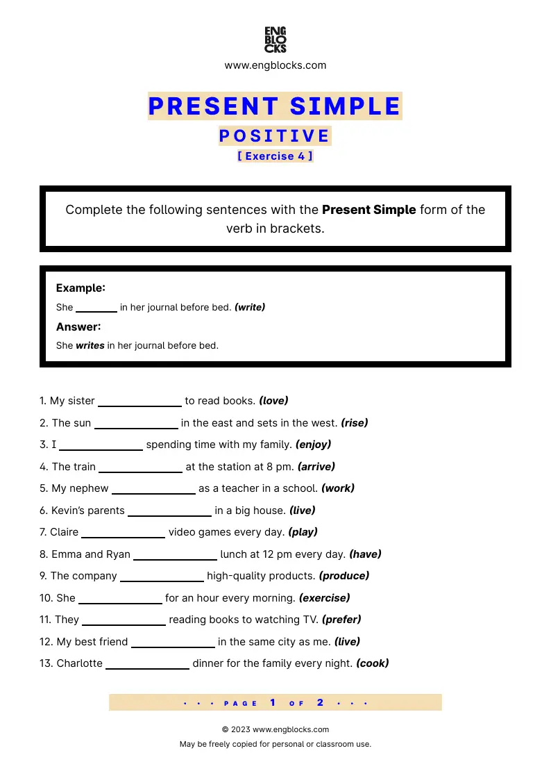 Grammar Worksheet: Present Simple — Positive — Exercise 4