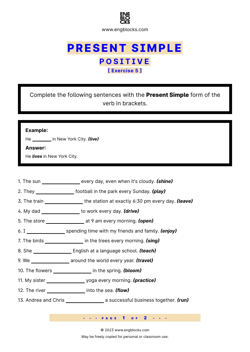Grammar Worksheet: Present Simple — Positive — Exercise 5