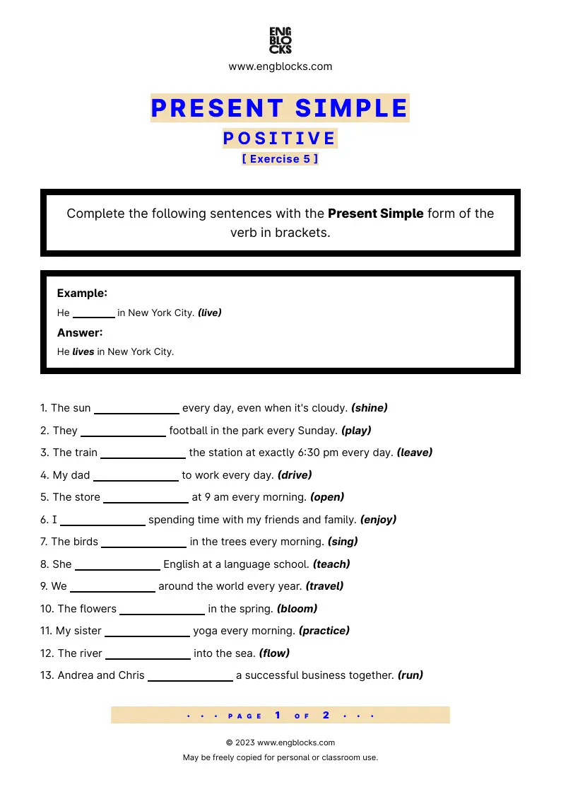 Grammar Worksheet: Present Simple — Positive — Exercise 5