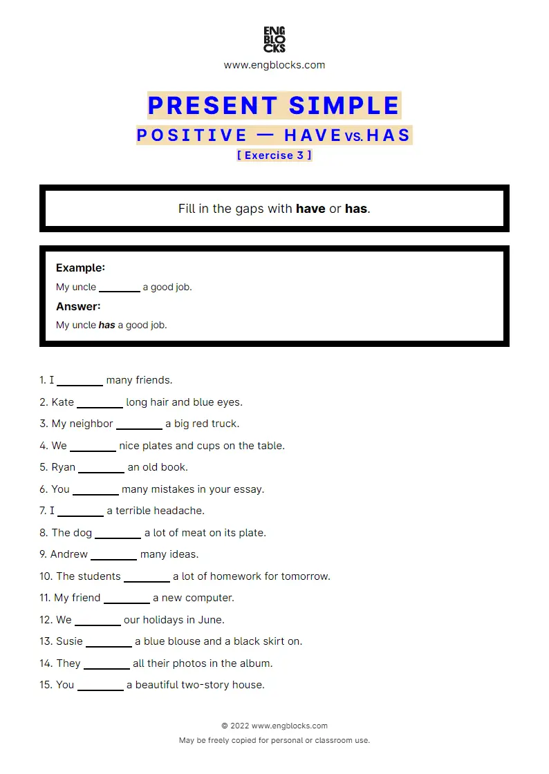 Grammar Worksheet: Present Simple — Positive — have/‌has — Exercise 3