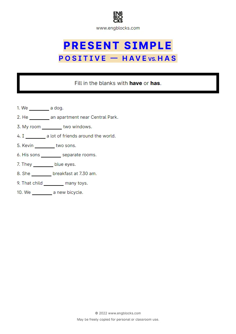 Grammar Worksheet: Present Simple — Positive — have/‌has
