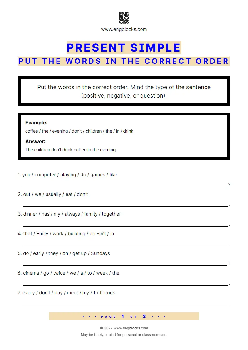 Grammar Worksheet: Present Simple — Put the words in the correct order