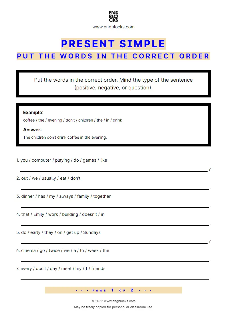 Grammar Worksheet: Present Simple — Put the words in the correct order