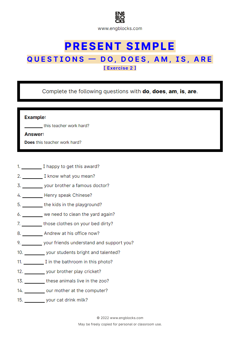 Grammar Worksheet: Present Simple — Questions with do, does, am, is, are — Exercise 2