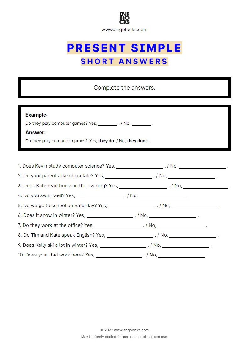 Grammar Worksheet: Present Simple — Short answers
