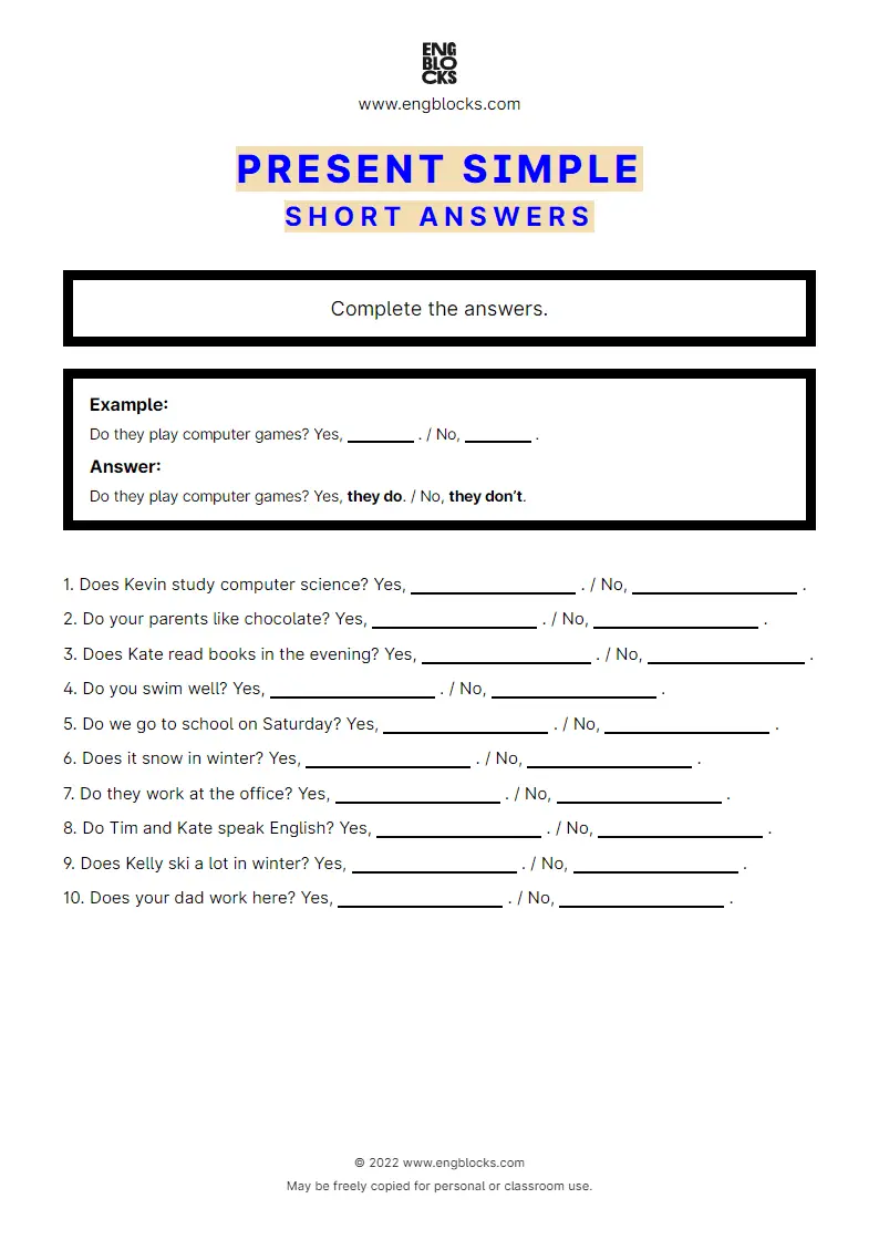 Grammar Worksheet: Present Simple — Short answers