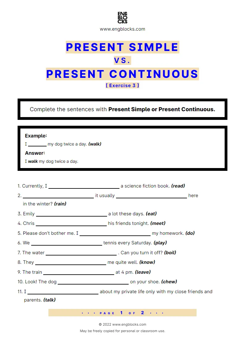 Grammar Worksheet: Present Simple vs. Present Continuous — Exercise 3