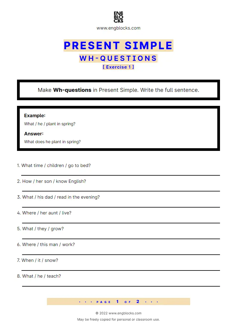 Grammar Worksheet: Present Simple — Wh-question — Exercise 1